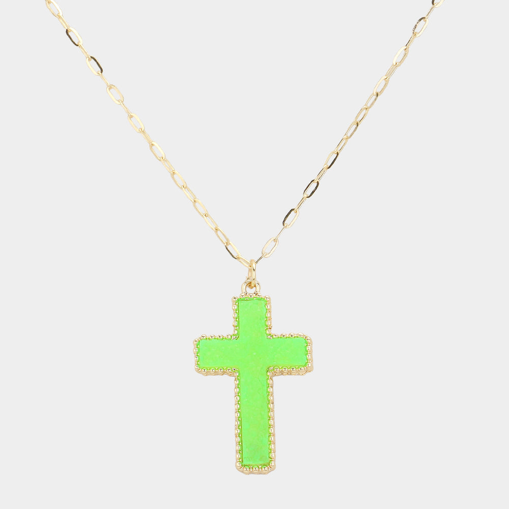 Madeline Love Green, Neon Druzy Cross Pendant Necklace - Jewelry