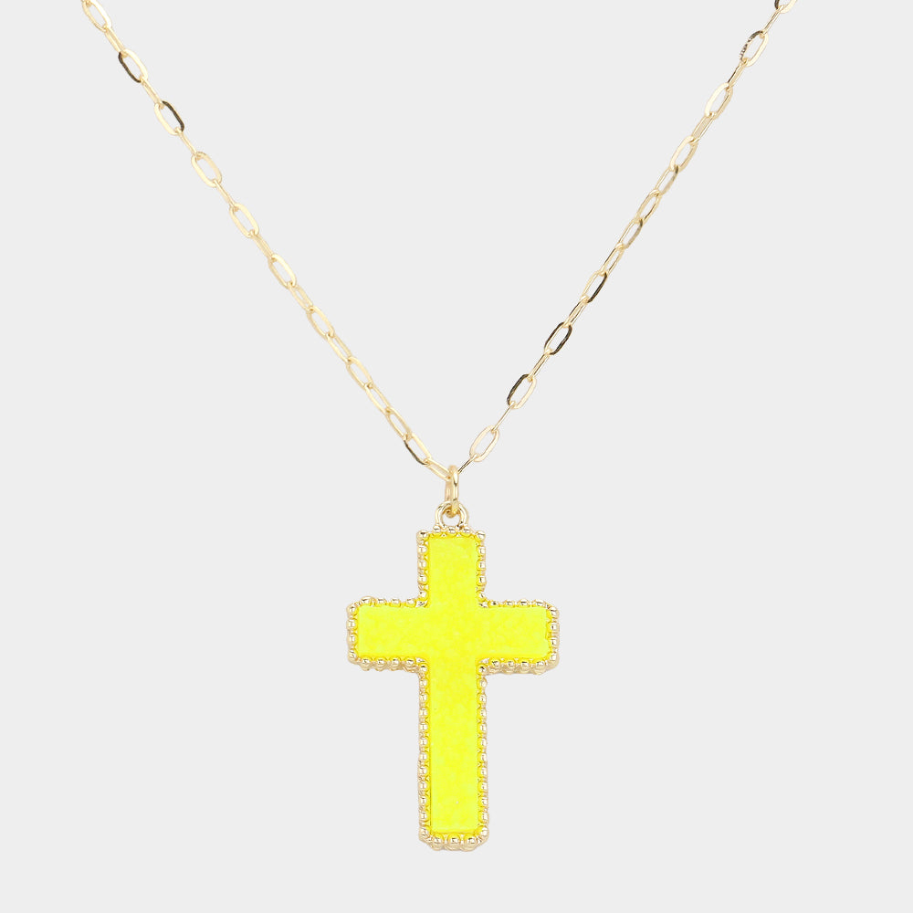 Madeline Love Neon, Yellow Druzy Cross Pendant Necklace - Jewelry