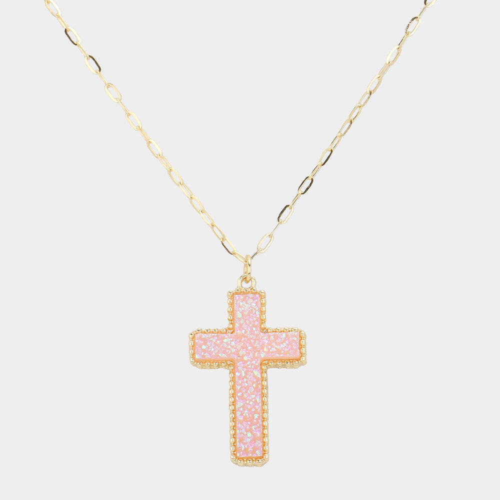 Madeline Love AB, Pink Druzy Cross Pendant Necklace - Jewelry