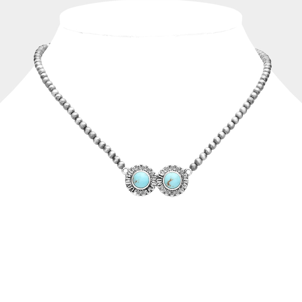 Madeline Love Turquoise Double Round Turquoise Accented Antique Metal Pendant Necklace - Necklaces