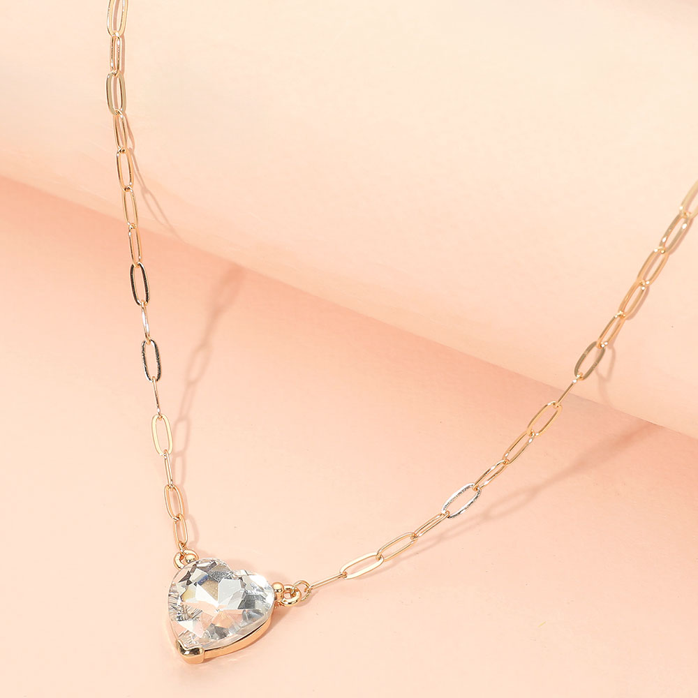 Madeline Love Clear Heart Stone Pendant Paperclip Chain Necklace - Jewelry