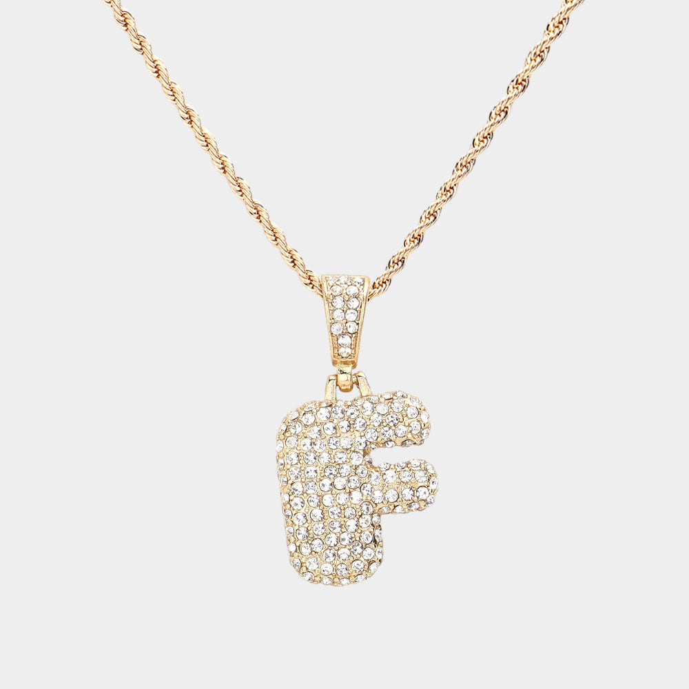 Madeline Love ~F~, Gold -F- Rhinestone Initial Monogram Pendant Brass Chain Necklace - Necklaces