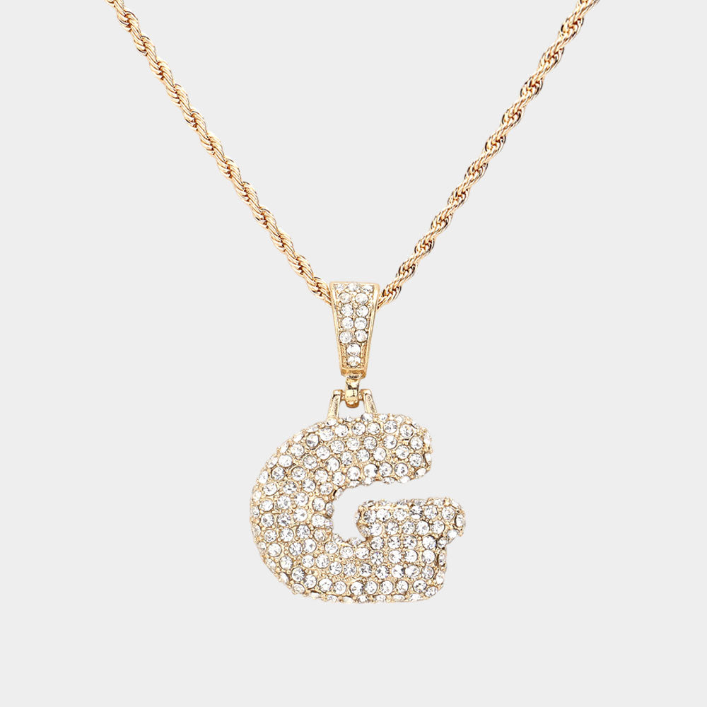 Madeline Love ~G~, Gold -G- Rhinestone Initial Monogram Pendant Brass Chain Necklace - Necklaces