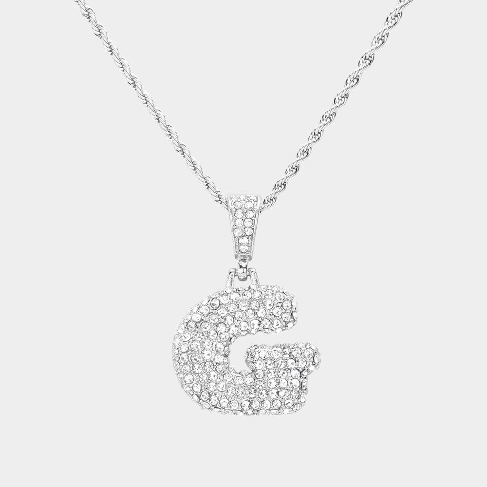 Madeline Love ~G~, Rhodium -G- Rhinestone Initial Monogram Pendant Brass Chain Necklace - Necklaces