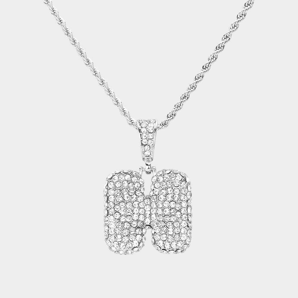 Madeline Love ~H~, Rhodium -H- Rhinestone Initial Monogram Pendant Brass Chain Necklace - Necklaces