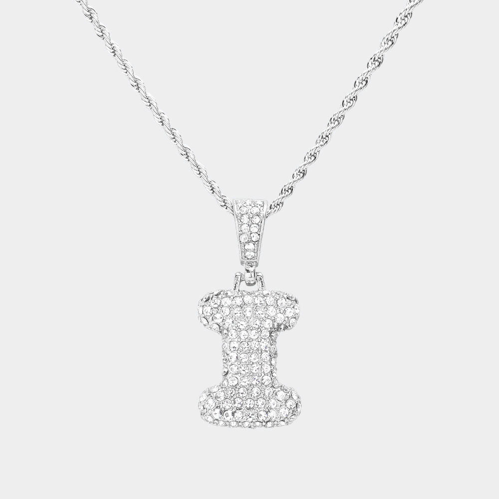 Madeline Love ~I~, Rhodium -I- Rhinestone Initial Monogram Pendant Brass Chain Necklace - Necklaces