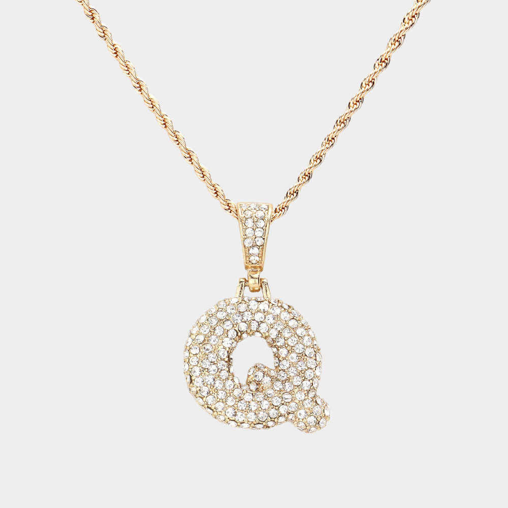 Madeline Love ~Q~, Gold -Q- Rhinestone Initial Monogram Pendant Brass Chain Necklace - Necklaces