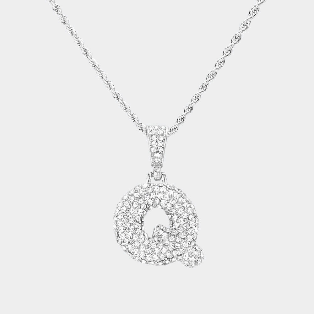 Madeline Love ~Q~, Rhodium -Q- Rhinestone Initial Monogram Pendant Brass Chain Necklace - Necklaces