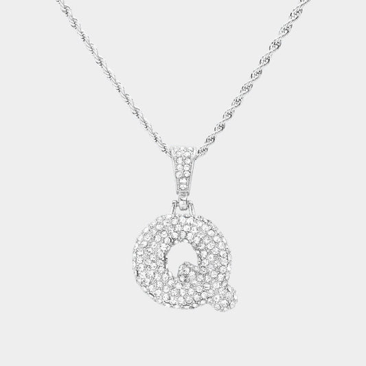 Madeline Love ~Q~, Rhodium -Q- Rhinestone Initial Monogram Pendant Brass Chain Necklace - Necklaces