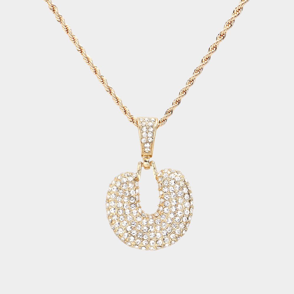 Madeline Love ~U~, Gold -U- Rhinestone Initial Monogram Pendant Brass Chain Necklace - Necklaces