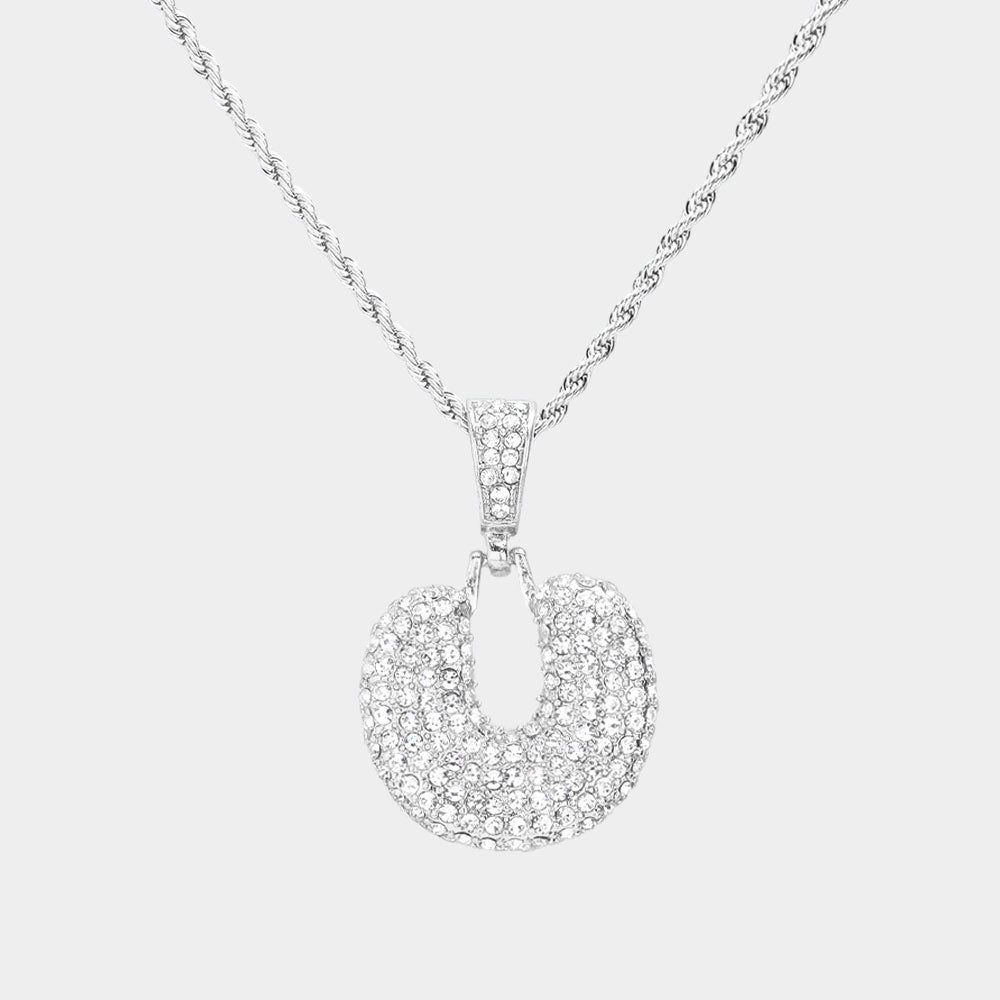 Madeline Love ~U~, Rhodium -U- Rhinestone Initial Monogram Pendant Brass Chain Necklace - Necklaces