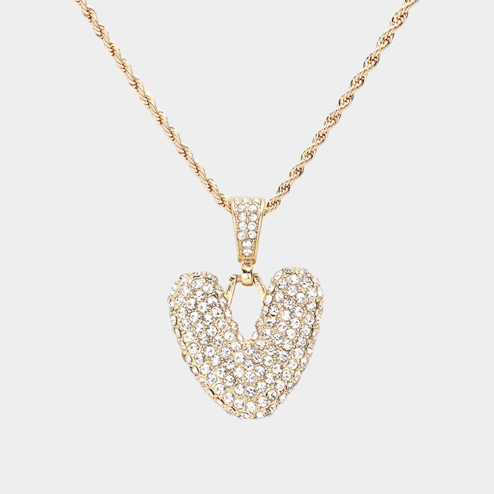 Madeline Love ~V~, Gold -V- Rhinestone Initial Monogram Pendant Brass Chain Necklace - Necklaces