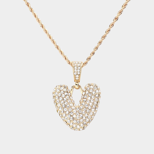 Madeline Love ~V~, Gold -V- Rhinestone Initial Monogram Pendant Brass Chain Necklace - Necklaces