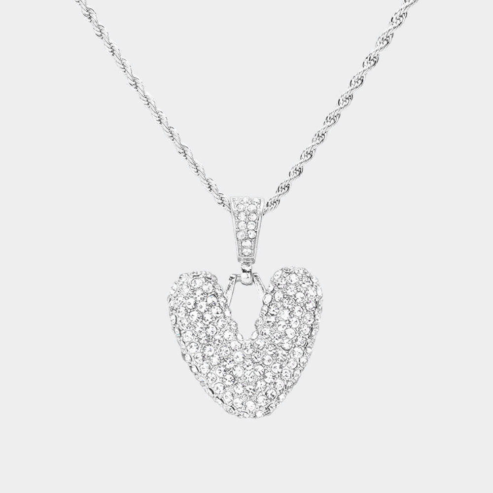 Madeline Love ~V~, Rhodium -V- Rhinestone Initial Monogram Pendant Brass Chain Necklace - Necklaces
