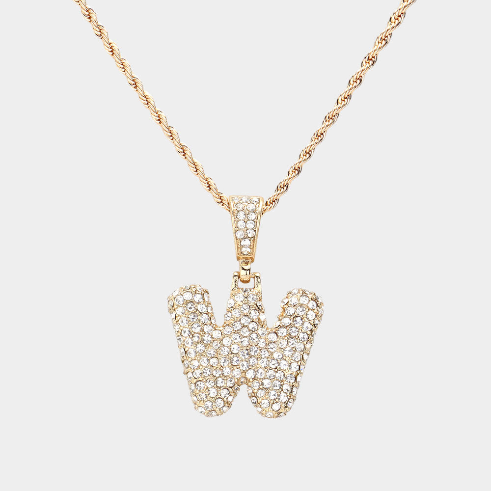 Madeline Love ~W~, Gold -W- Rhinestone Initial Monogram Pendant Brass Chain Necklace - Necklaces