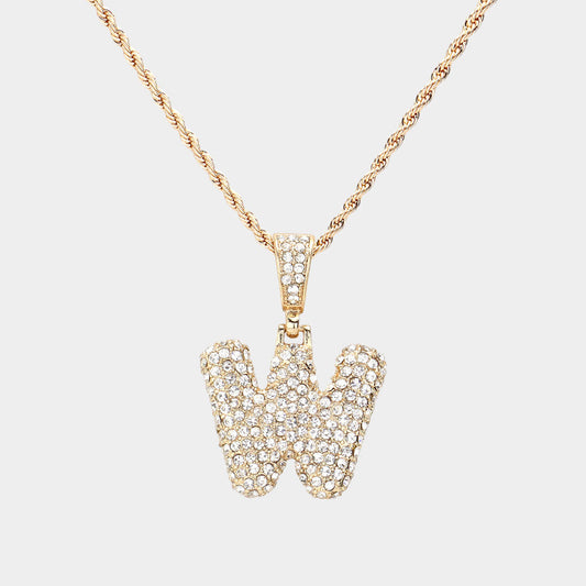 Madeline Love ~W~, Gold -W- Rhinestone Initial Monogram Pendant Brass Chain Necklace - Necklaces