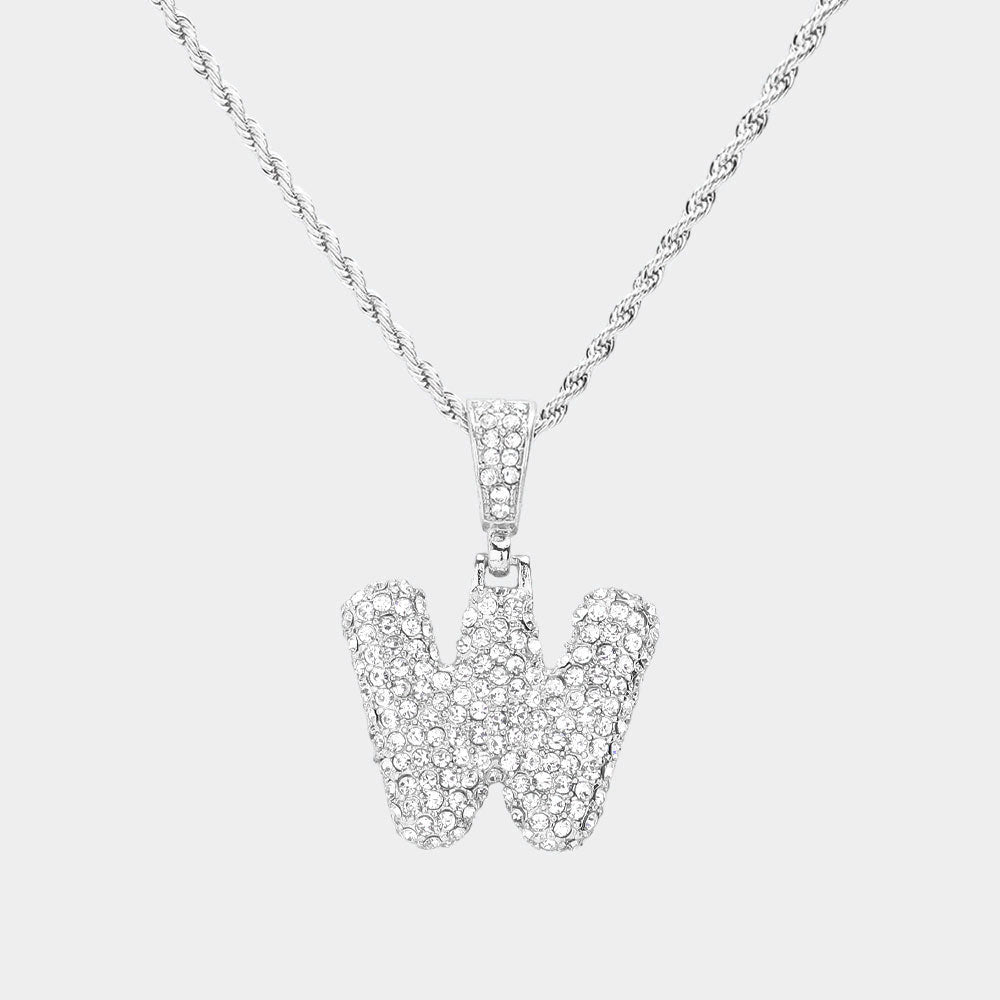 Madeline Love ~W~, Rhodium -W- Rhinestone Initial Monogram Pendant Brass Chain Necklace - Necklaces