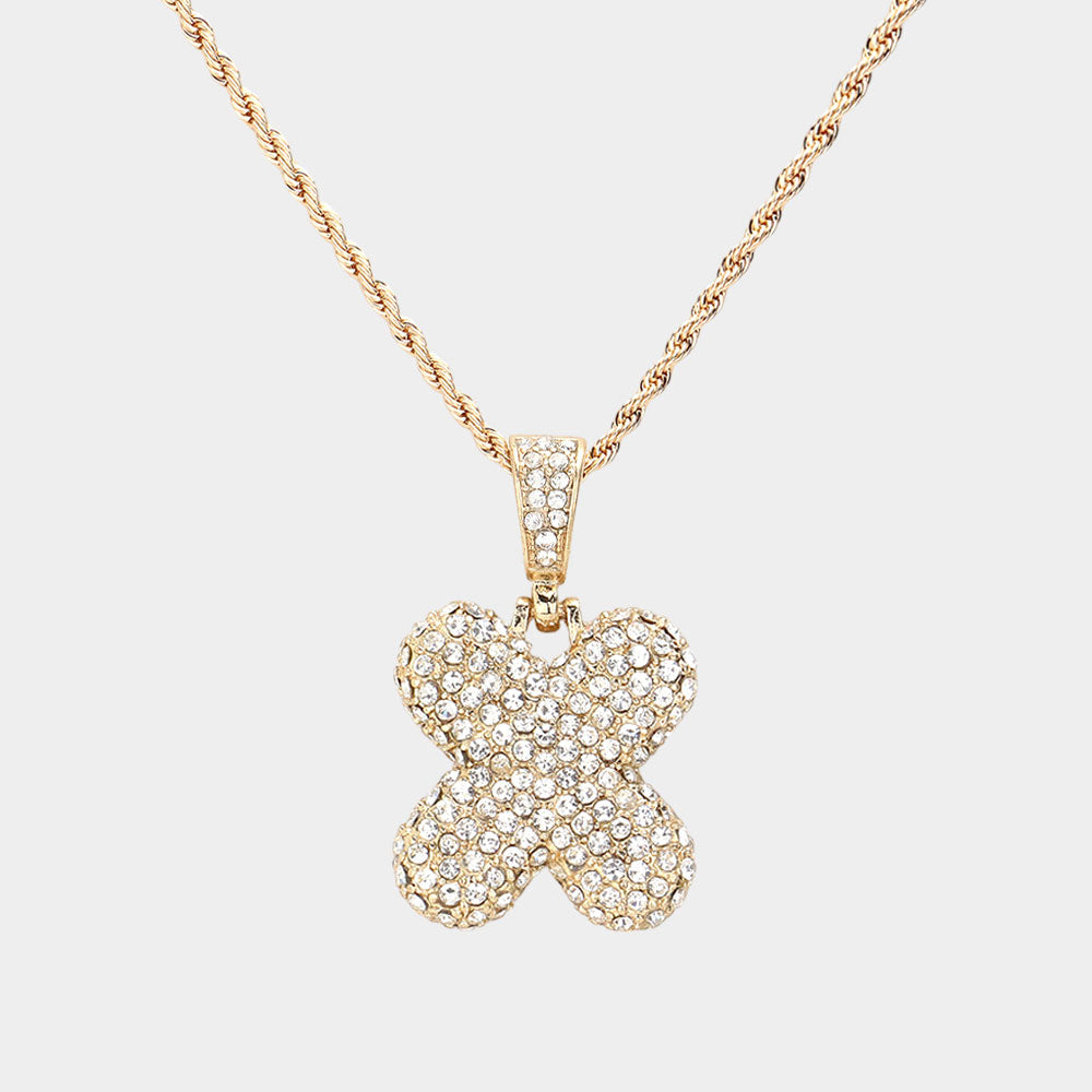 Madeline Love ~X~, Gold -X- Rhinestone Initial Monogram Pendant Brass Chain Necklace - Necklaces