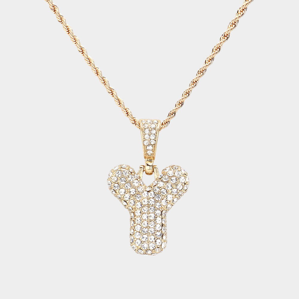 Madeline Love ~Y~, Gold -Y- Rhinestone Initial Monogram Pendant Brass Chain Necklace - Necklaces