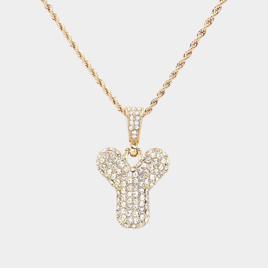 Madeline Love ~Y~, Gold -Y- Rhinestone Initial Monogram Pendant Brass Chain Necklace - Necklaces
