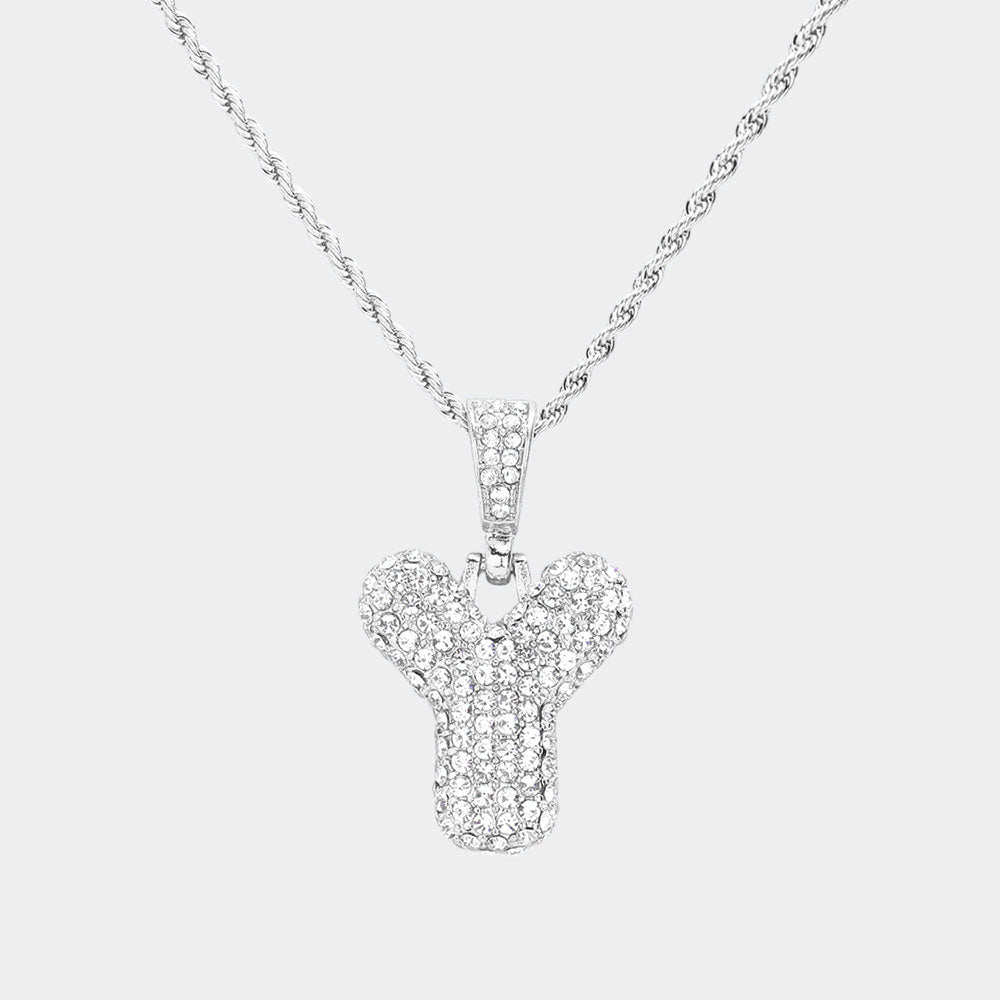 Madeline Love ~Y~, Rhodium -Y- Rhinestone Initial Monogram Pendant Brass Chain Necklace - Necklaces