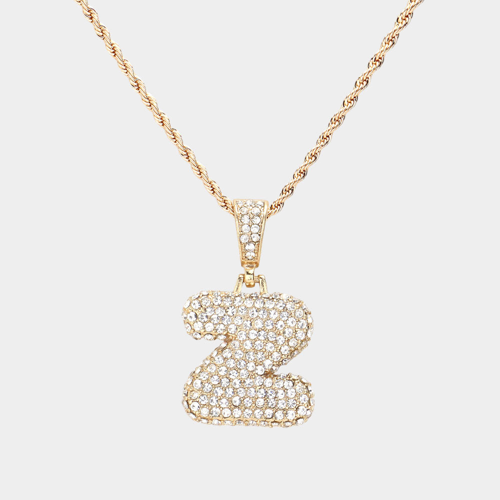 Madeline Love ~Z~, Gold -Z- Rhinestone Initial Monogram Pendant Brass Chain Necklace - Necklaces