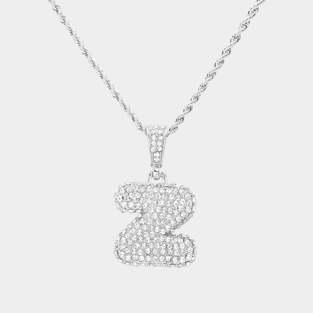 Madeline Love ~Z~, Rhodium -Z- Rhinestone Initial Monogram Pendant Brass Chain Necklace - Necklaces