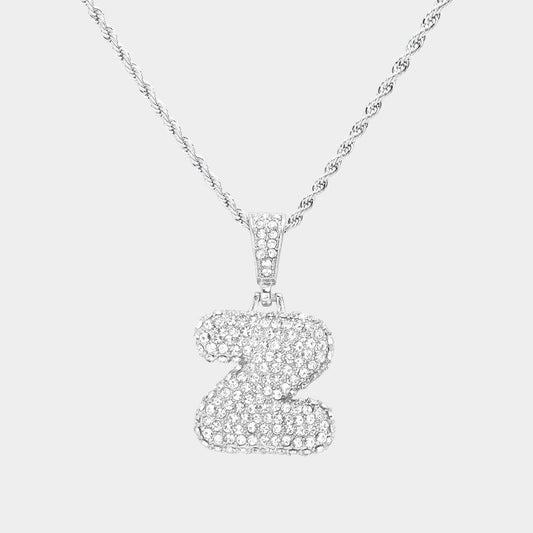 Madeline Love ~Z~, Rhodium -Z- Rhinestone Initial Monogram Pendant Brass Chain Necklace - Necklaces