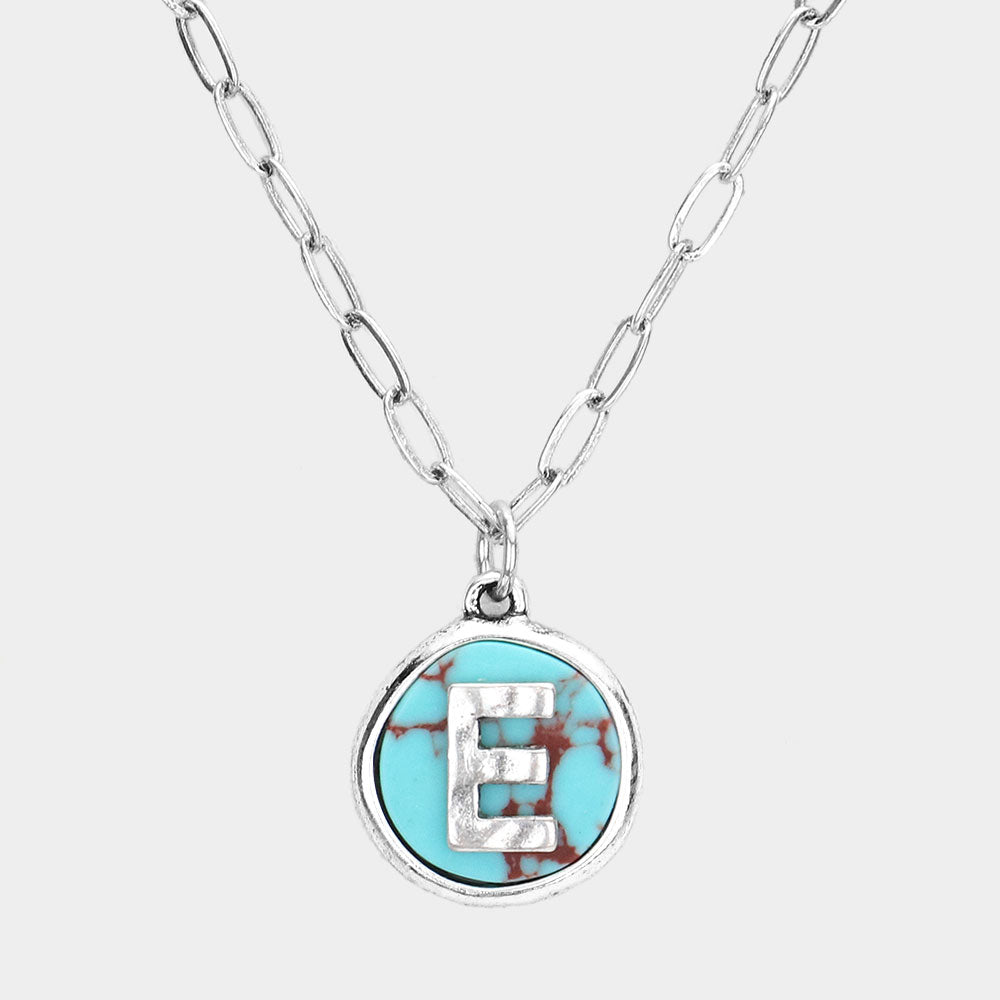 Madeline Love ~E~, Turquoise -E- Initial Monogram Turquoise Pendant Necklace - Necklaces