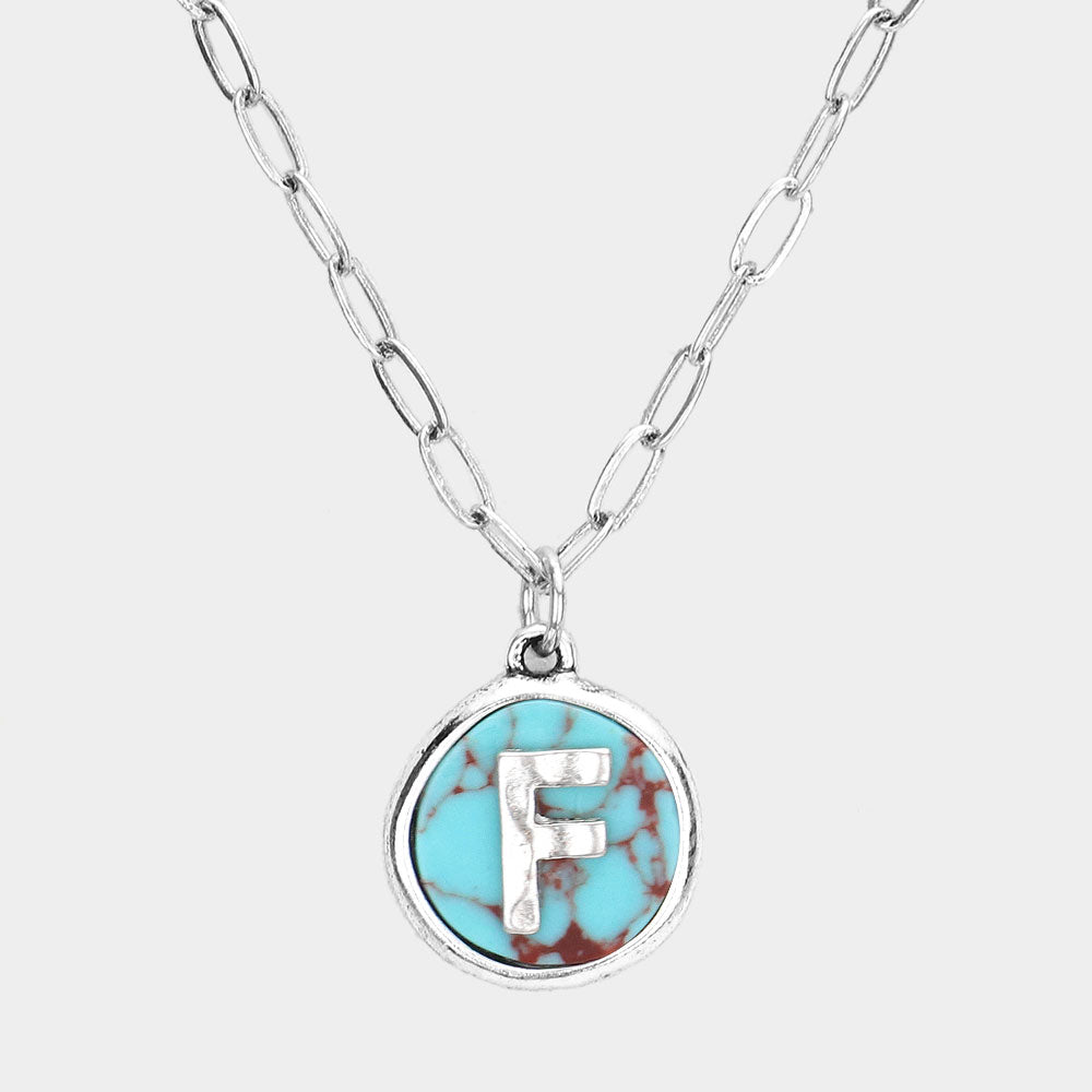 Madeline Love ~F~, Turquoise -F- Initial Monogram Turquoise Pendant Necklace - Necklaces