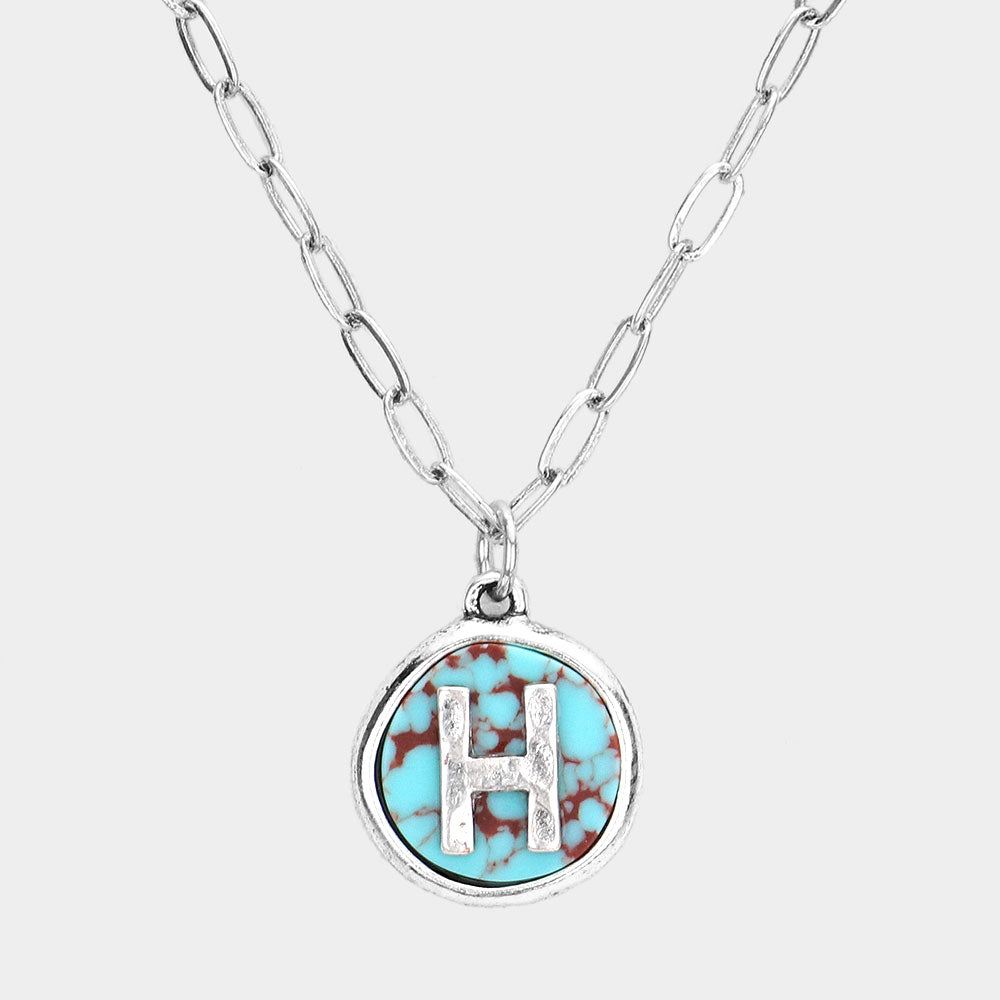 Madeline Love ~H~, Turquoise -H- Initial Monogram Turquoise Pendant Necklace - Necklaces