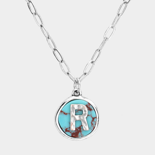 Madeline Love ~R~, Turquoise -R- Initial Monogram Turquoise Pendant Necklace - Necklaces