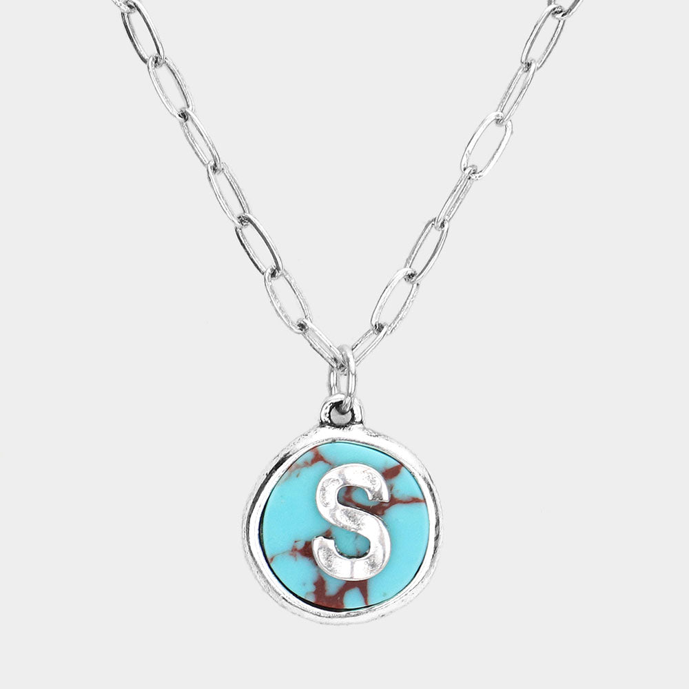 Madeline Love ~S~, Turquoise -S- Initial Monogram Turquoise Pendant Necklace - Necklaces