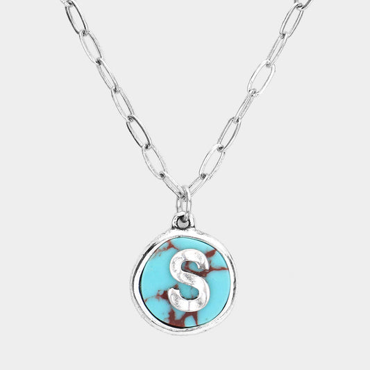 Madeline Love ~S~, Turquoise -S- Initial Monogram Turquoise Pendant Necklace - Necklaces