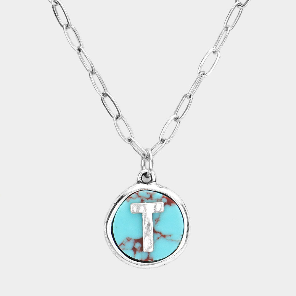 Madeline Love ~T~, Turquoise -T- Initial Monogram Turquoise Pendant Necklace - Necklaces