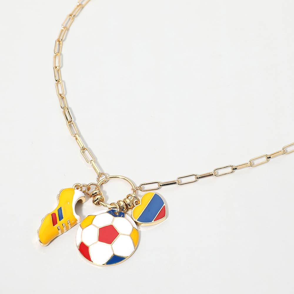 Madeline Love Blue, Red, Yellow Colombia Soccer Ball Shoe Heart Charm Toggle Pendant Paperclip Chain Necklace - Sports & Events