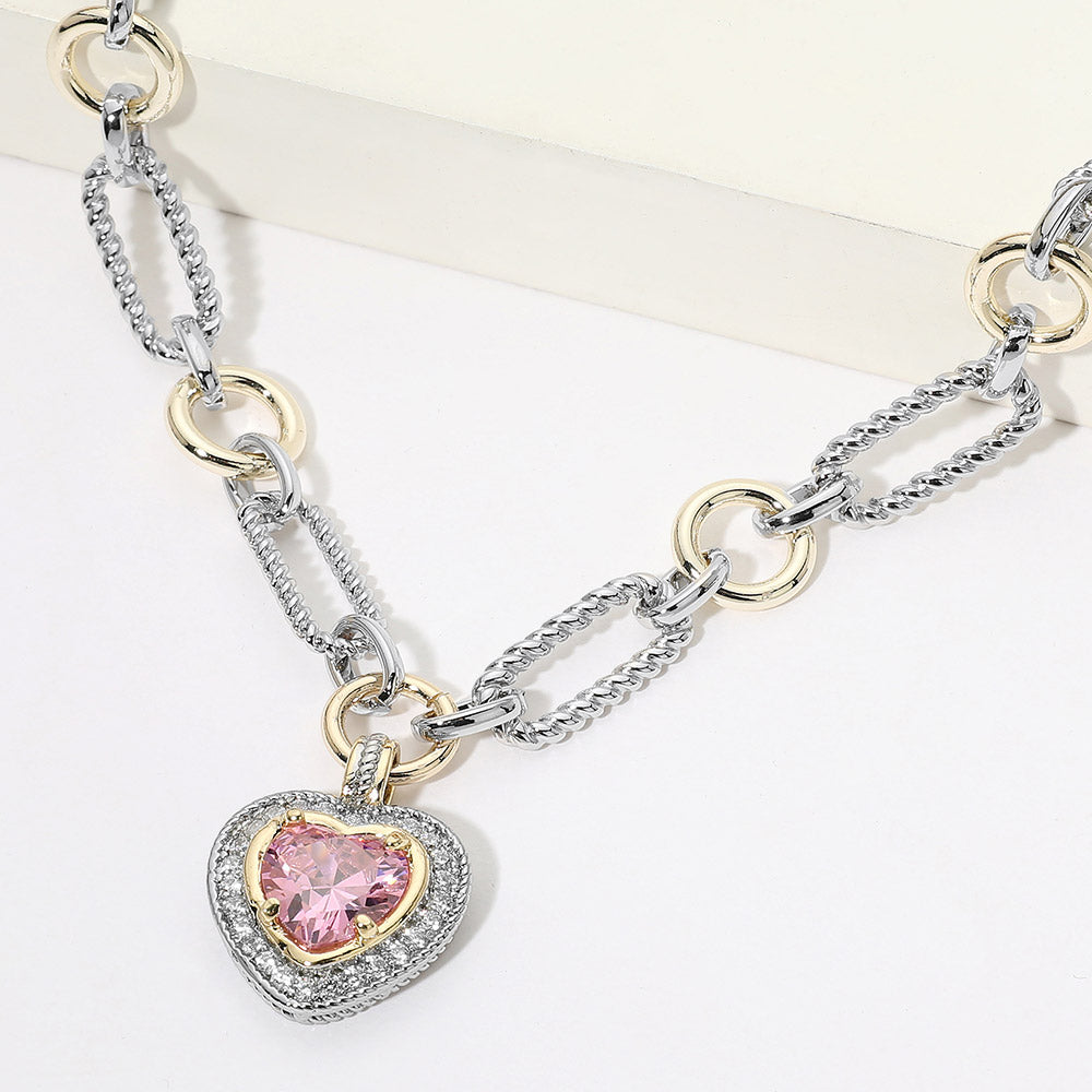 Madeline Love Rose, Two Tone 14K Gold Plated Two Tone Heart CZ Pendant Necklace