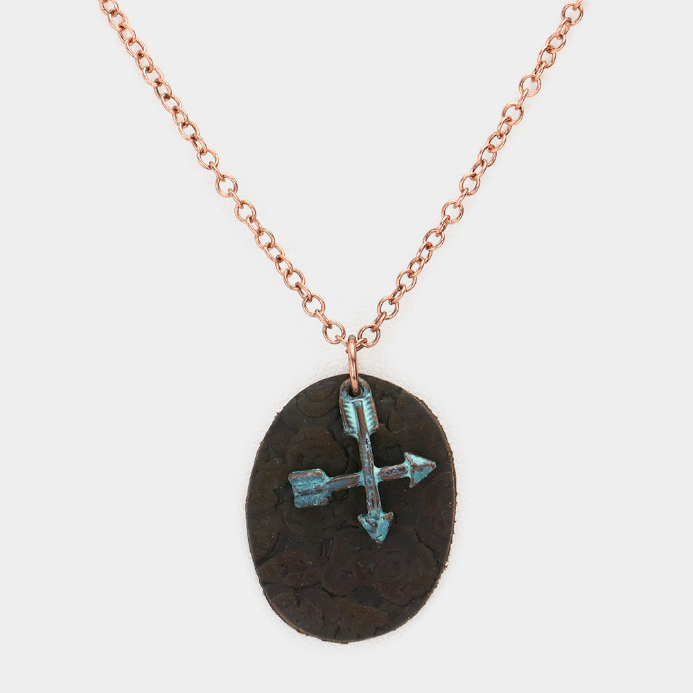 Madeline Love Patina Verdigris Oval Faux Leather Metal Arrow Pendant Necklace - Necklaces