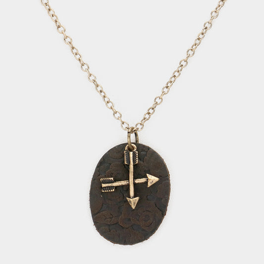 Madeline Love Gold Burnished Oval Faux Leather Metal Arrow Pendant Necklace - Necklaces