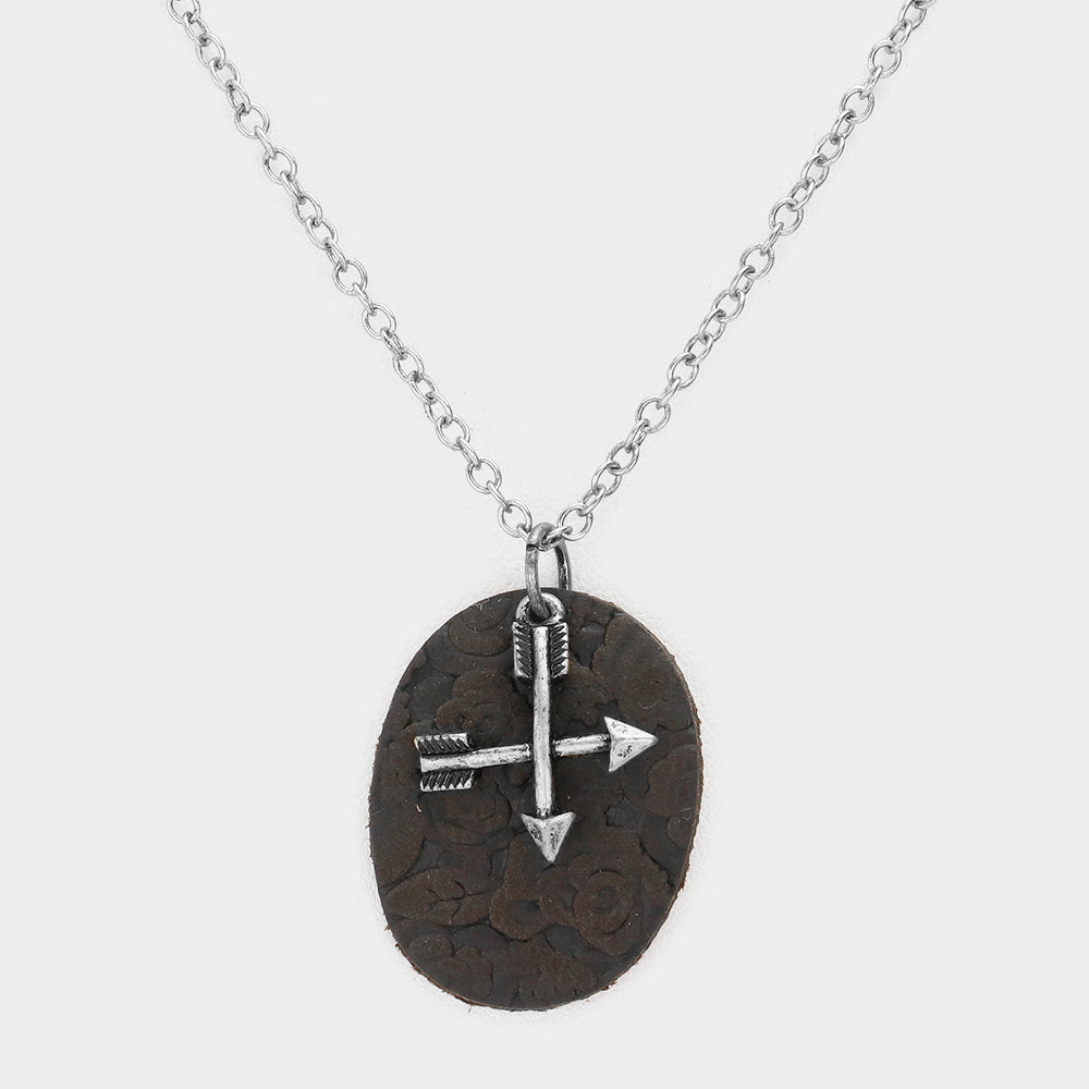 Madeline Love Silver Burnished Oval Faux Leather Metal Arrow Pendant Necklace - Necklaces