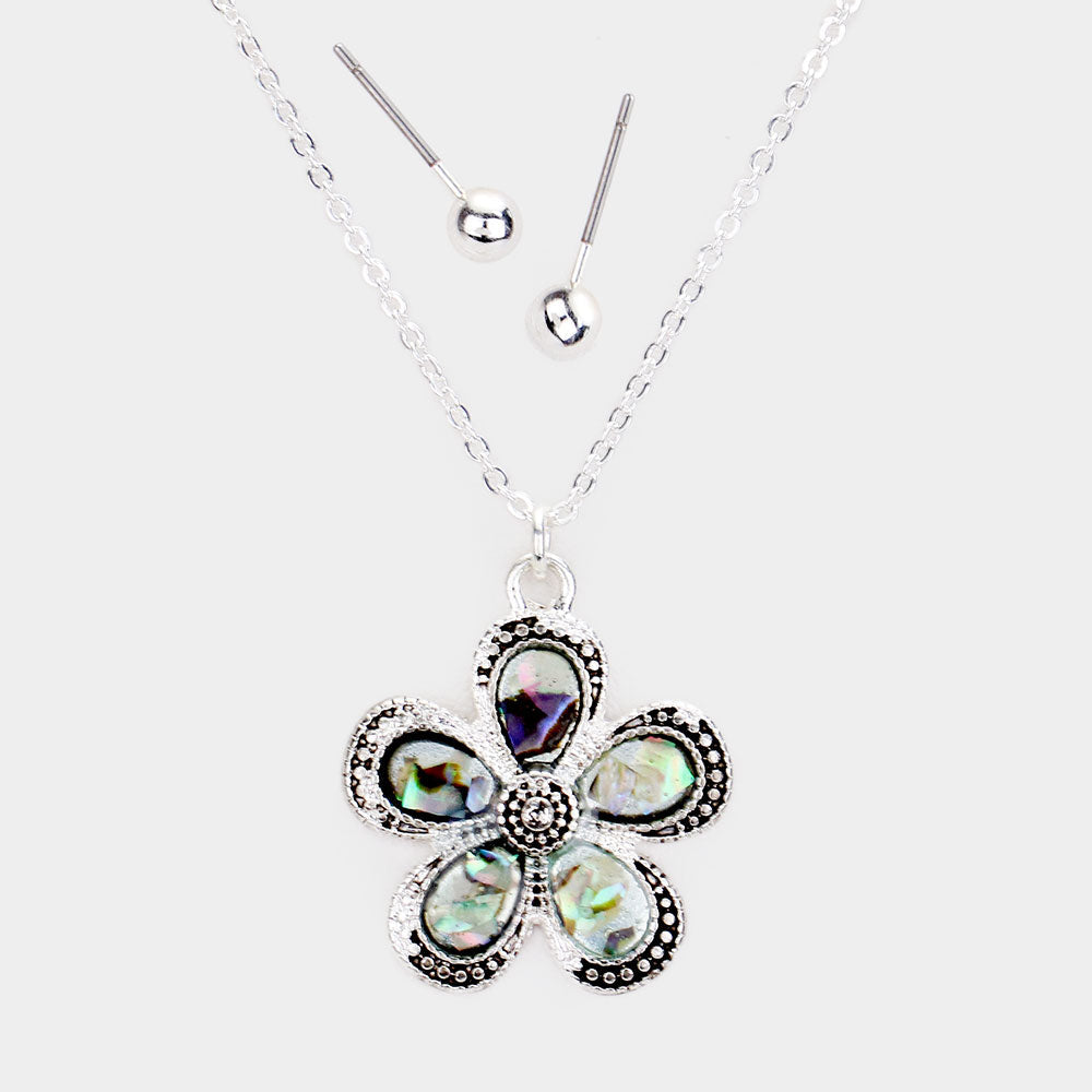 Madeline Love Abalone, Antique Silver Antique Sliver Abalone Flower Pendant Necklace - Jewelry