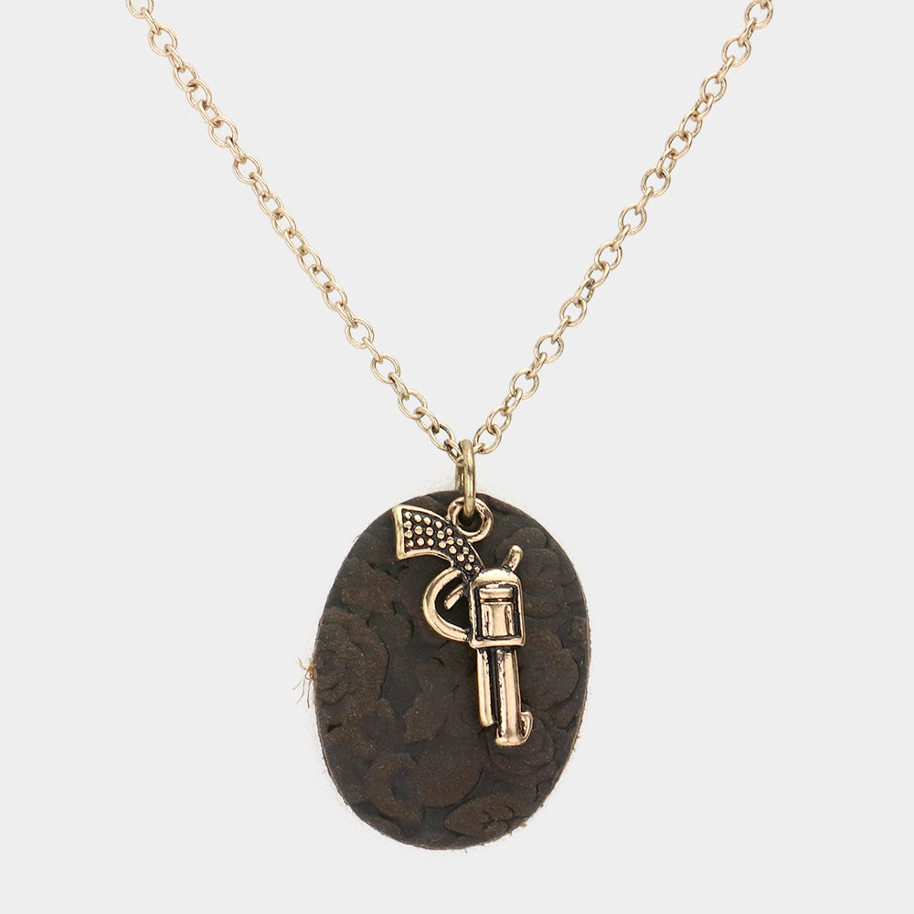 Madeline Love Gold Burnished Oval Faux Leather Metal Gun Pendant Necklace - Necklaces