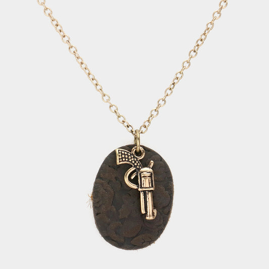 Madeline Love Gold Burnished Oval Faux Leather Metal Gun Pendant Necklace - Necklaces