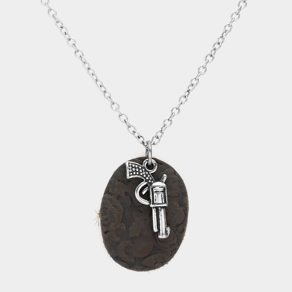 Madeline Love Silver Burnished Oval Faux Leather Metal Gun Pendant Necklace - Necklaces