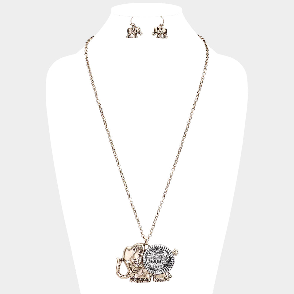 Madeline Love Gold Burnished Antique Pattern Elephant Pendant Necklace - Jewelry