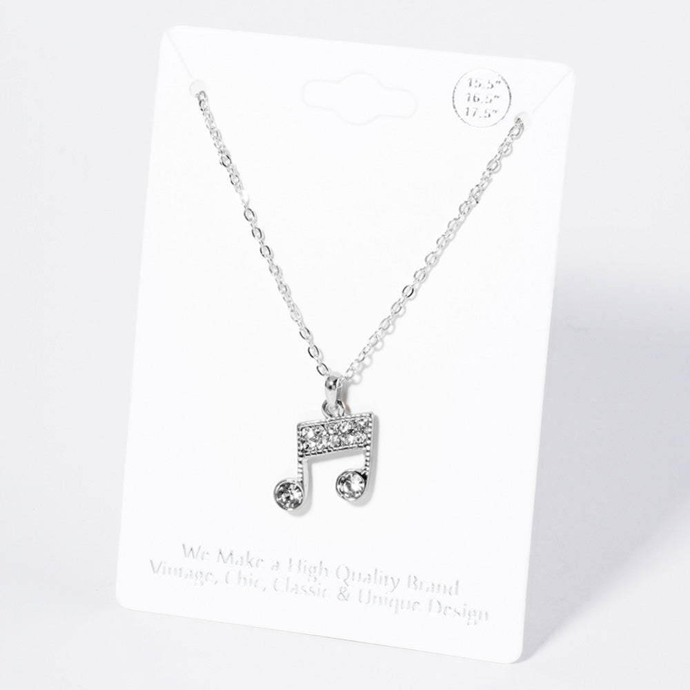 Madeline Love Clear, Rhodium Crystal Rhinestone Paved Music Notes Pendant Necklace - Necklaces