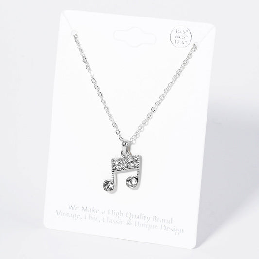 Madeline Love Clear, Rhodium Crystal Rhinestone Paved Music Notes Pendant Necklace - Necklaces