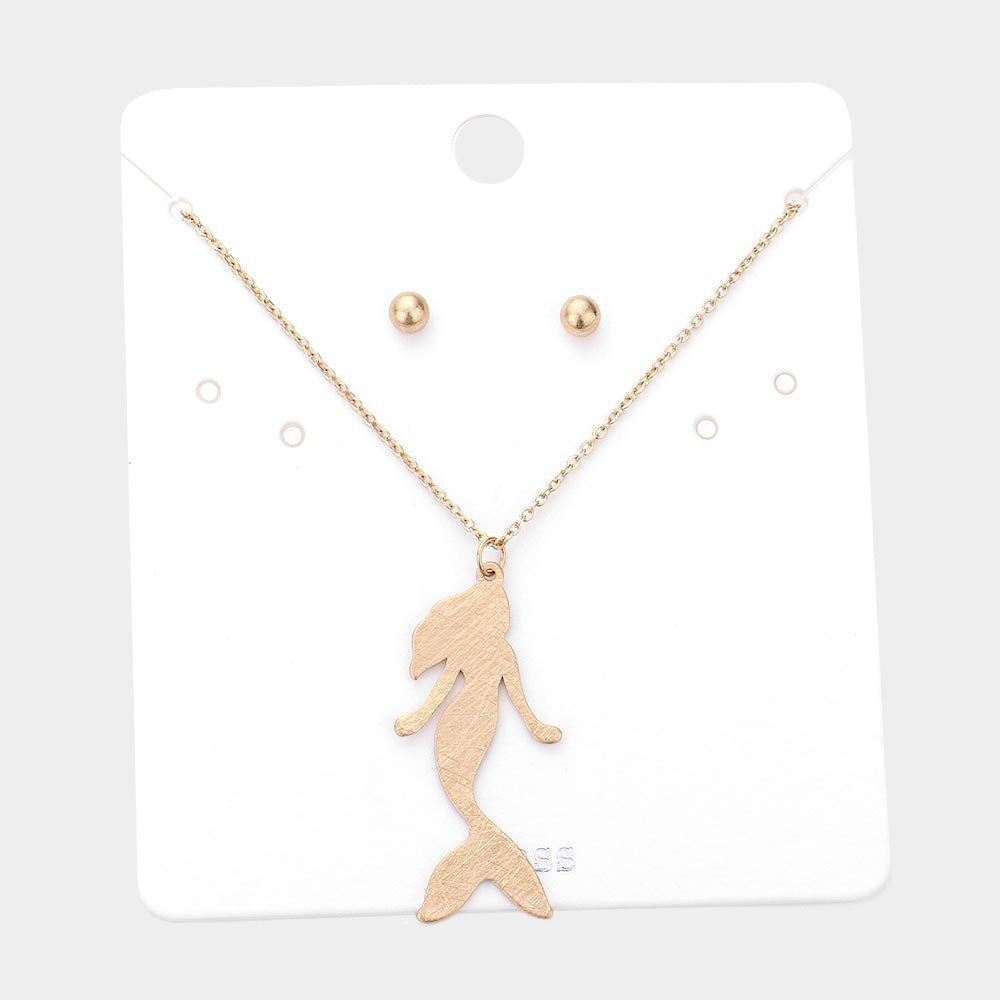 Worn Gold Brass Metal Mermaid Pendant Necklace
