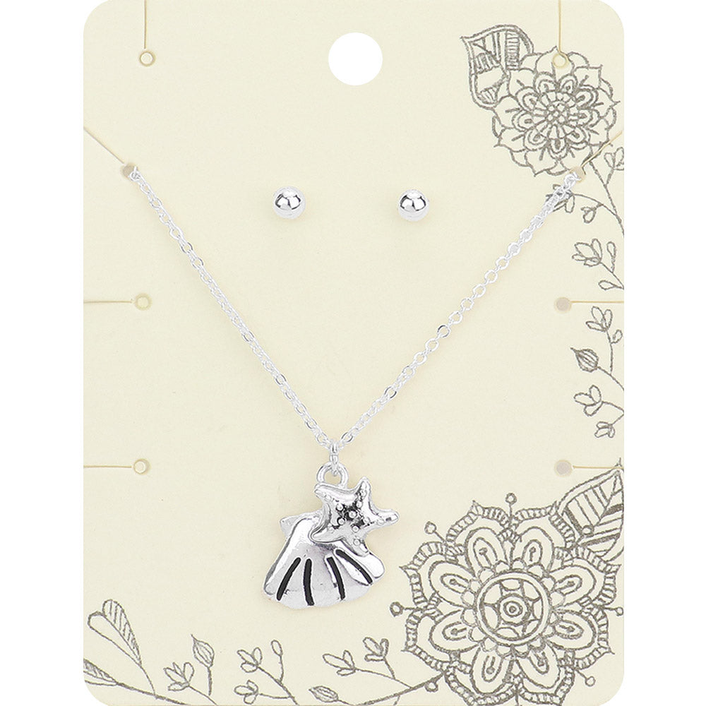 Antique Silver Metal Shell Starfish Pendant Necklace