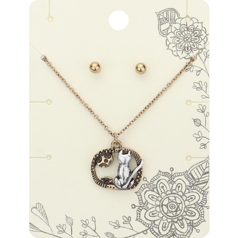 Madeline Love Gold Burnished, Silver Burnished, Two Tone Metal Cat Pendant Necklace - Necklaces